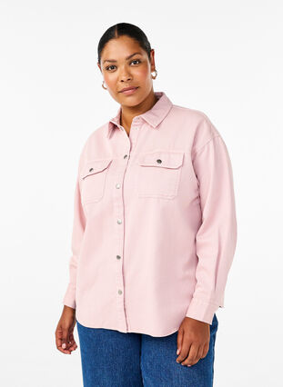 Zizzi Effen denim overhemd met borstzakken, Pale Mauve, Model image number 0