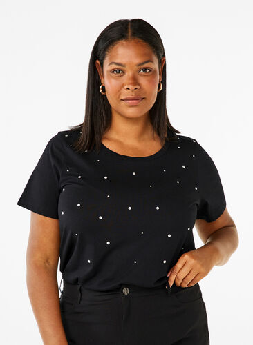 Zizzi Katoenen T-shirt met strassteentjes, Black, Model image number 0